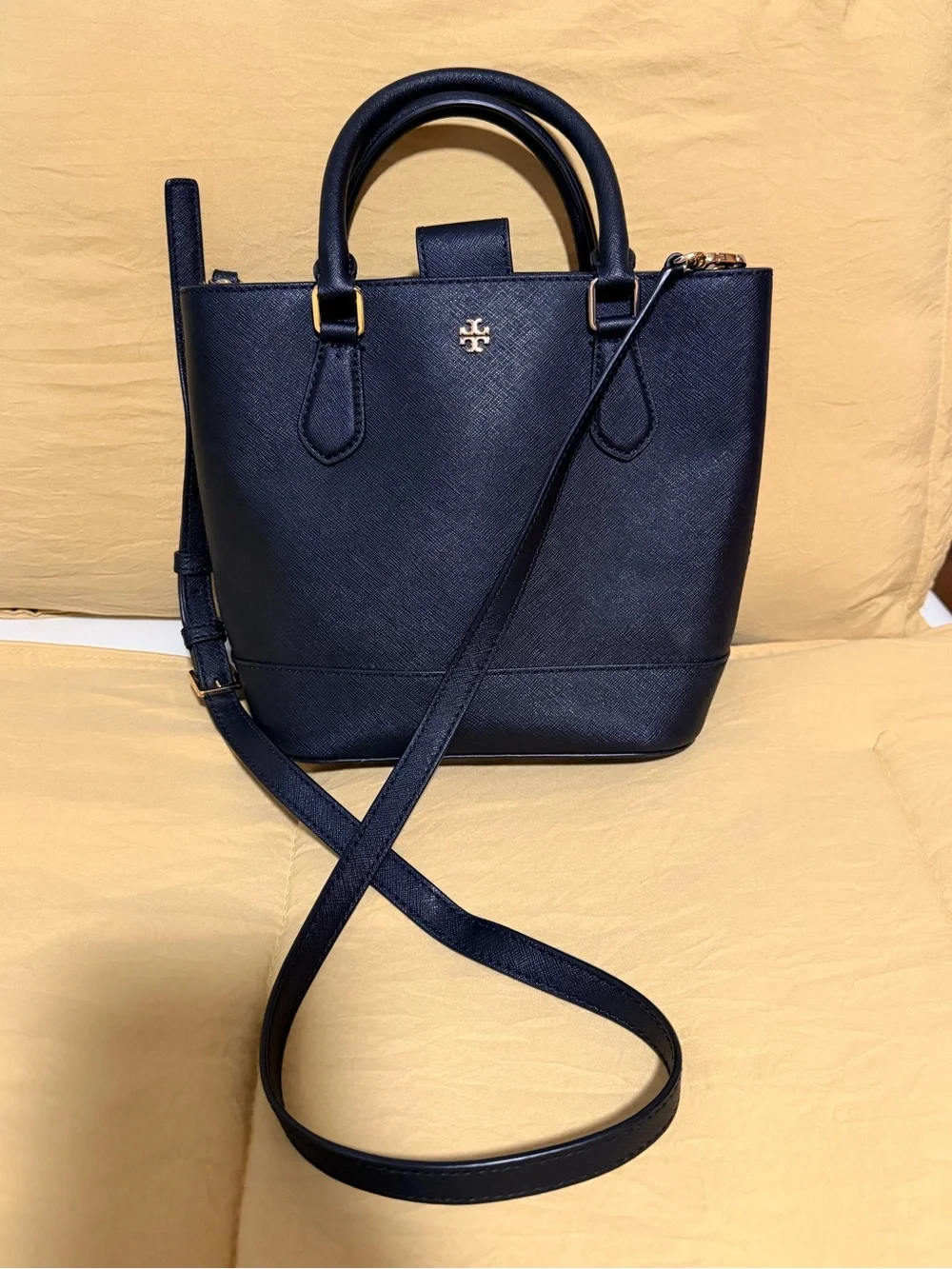 Tory Burch Black Saffiano Leather Satchel with Crossbody Strap